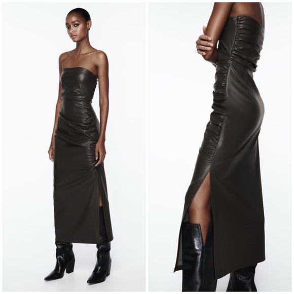 ZARA ~ Black Strapless Faux Leather Dress in Sage - Picture 1 of 13